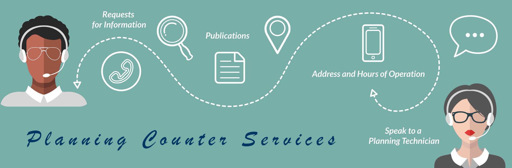 Graphic of a man and a woman on Bluetooth headsets on a blue background