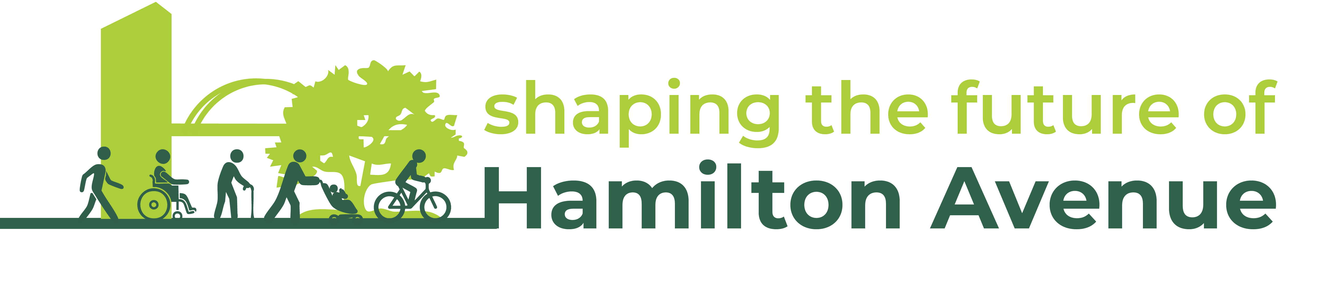 Logo with text 'shaping the future of Hamilton Avenue' and icons of people using mobility devi