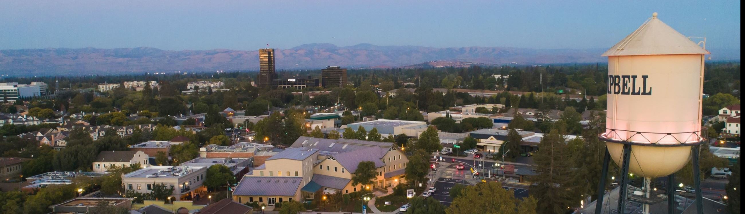 The Campbell Water Tower at night. 